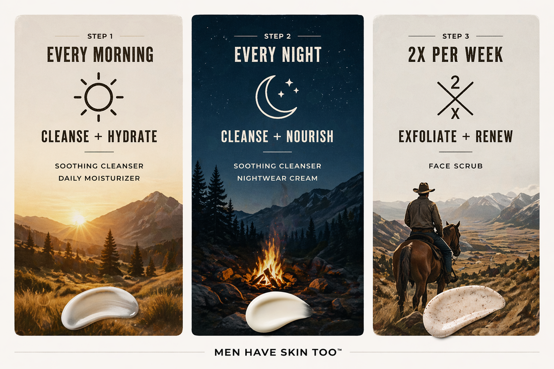 Three skincare product cards with mountain and nature-themed imagery, featuring text and product placement.