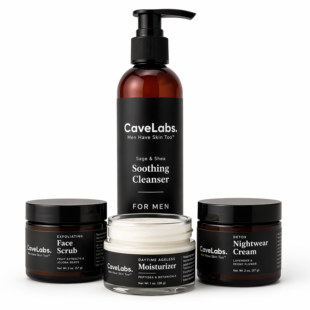 CaveLabs skincare product set including cleanser, scrub, moisturizer, and nightwear cream on a white background.