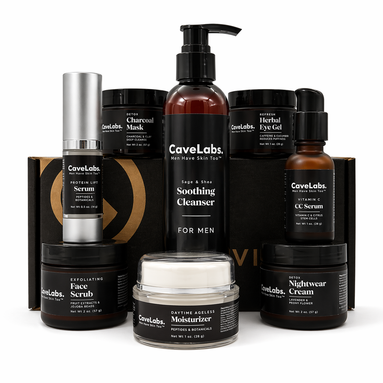 Collection of CaveLabs skincare products on a white background